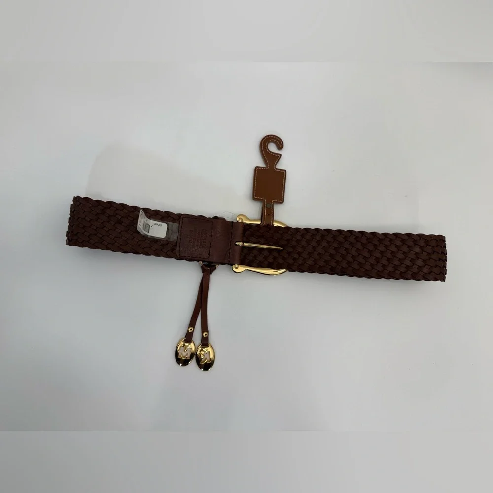 Michael Kors Brown Braided Leather Belt Gold Buckle Tassel Charm Boho Chic SZ M